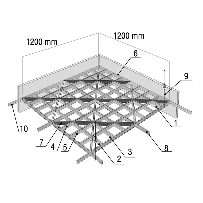 Подвесной металические потолок Грильято D15 Диагональное ячейкой 150х150мм